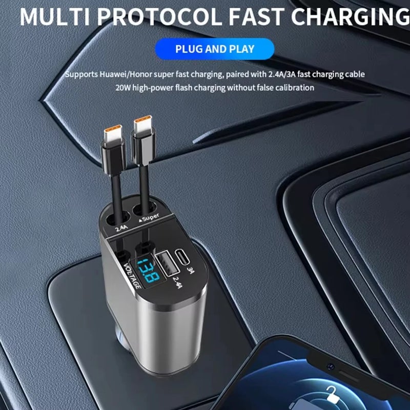 Bluejw 4-in-1 Fast Car Charger: Retractable Cables (Type-C PD, USB) - Automobile Chargers for Phones & Devices - Image 5